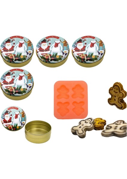 Yılbaşı Mum Yapım Seti Metal Mum Kabı Noel Baba ve Kutup Ayısı 5li + Kurabiye Adam Silikon Kalıp