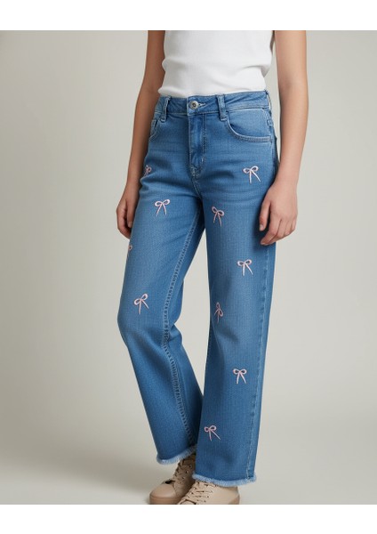 Kız Çocuk Fiyonk Işlemeli Kot Pantolon