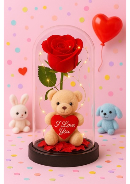 Dekoratif Tasarım Fanus LED Işıklı Kırmızı Gül ı Love You Ayıcık Sevgiliye Romantik Aşk Hediye Seti