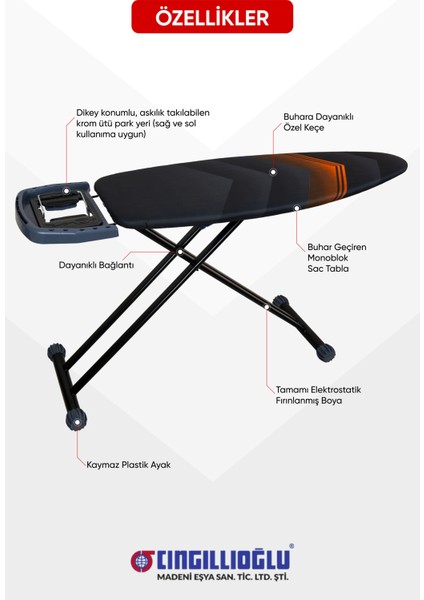 CM-777 Titanic Black Serisi Ergonomik Tasarım Ütü Masası Lale Motif Ütü Park Yeri