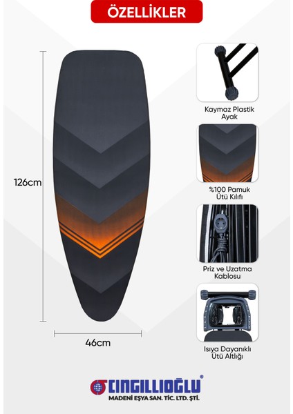 CM-777 Titanic Black Serisi Ergonomik Tasarım Ütü Masası Lale Motif Ütü Park Yeri