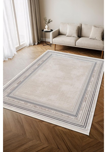 Indigo ID005M Krem Mavi Klasik Çerçeveli Desen Akrilik Iplik Tozuaz Pamuk Taban Salon Mutfak Halısı fiyatları