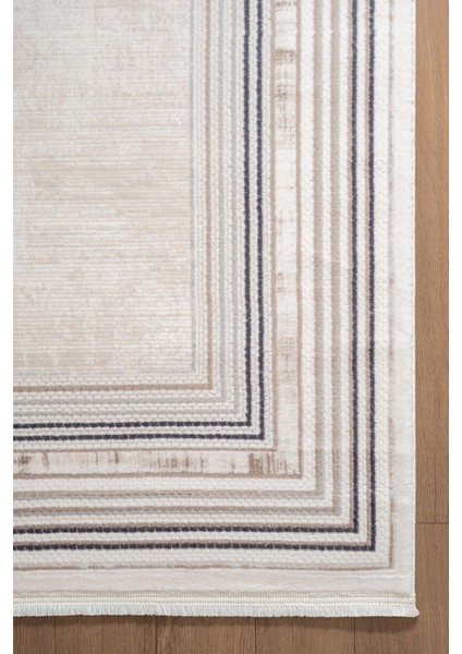 Indigo ID005M Krem Mavi Klasik Çerçeveli Desen Akrilik Iplik Tozuaz Pamuk Taban Salon Mutfak Halısı indirimleri