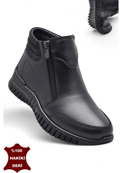 1456 Tam Ortopedik Siyah Hakiki Deri Kadın Bot Çift Fermuarlı Anne Kışlık Deri Bot