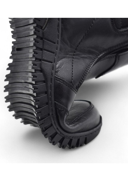 1456 Tam Ortopedik Siyah Hakiki Deri Kadın Bot Çift Fermuarlı Anne Kışlık Deri Bot