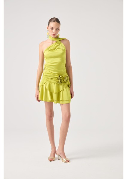 Kemerli Mini Saten Giana Elbise Yeşil
