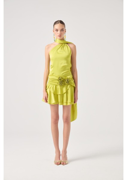 Kemerli Mini Saten Giana Elbise Yeşil modelleri