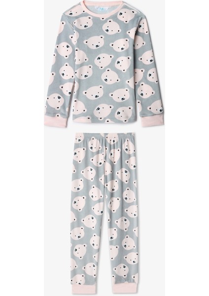 Gri Kız Çocuk Ayı Desenli Pijama Takımı