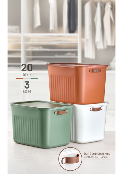 Mithra Life 3 Lü 3 Renkli 20 Lt Mega Çok Amaçlı Kapaklı Organizer Saklama Kabı Kutu MIT1267