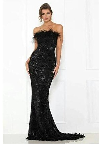 Trend Pul Payetli Tüy Detaylı Abiye Kadife Siyah Elbise A-Line Silüet ile Şık Parti Stili