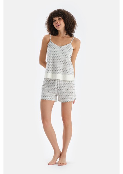 Açık Yeşil V Yaka Metraj Baskılı Atlet Şort Pijama Takımı