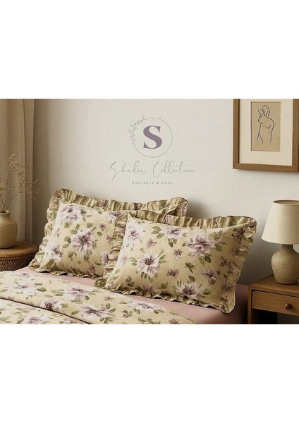 Peony Çiçekli % 100 Pamuk Dört Tarafı Fırfırlı Yastık Kılıfı