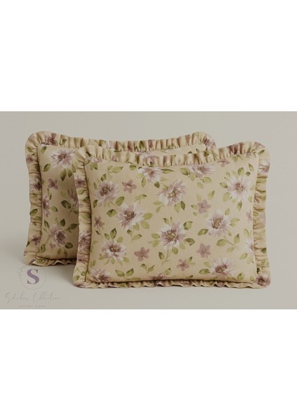 Peony Çiçekli % 100 Pamuk Dört Tarafı Fırfırlı Yastık Kılıfı modelleri