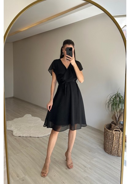 Kadın V Yaka Kuşaklı Mini Şifon Elbise NM007 fiyatları