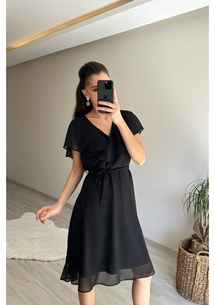 Kadın V Yaka Kuşaklı Mini Şifon Elbise NM007 modelleri