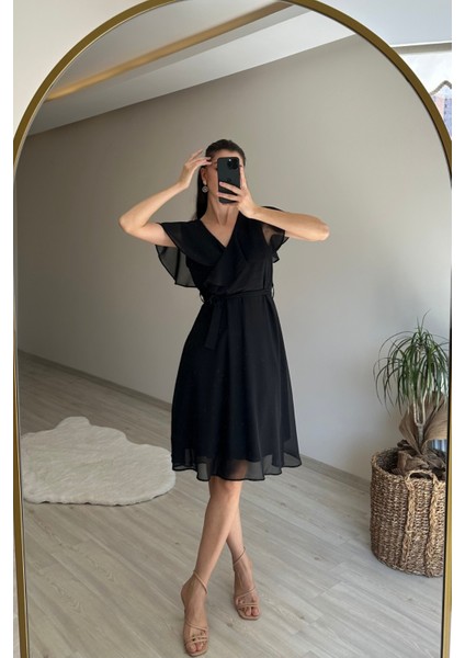 Kadın V Yaka Kuşaklı Mini Şifon Elbise NM007 indirimleri