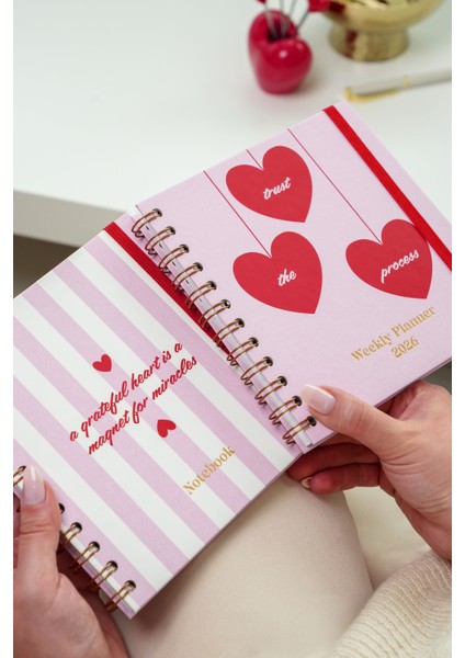 15X15 cm Kare 2'li Set Spiralli 2026 Yılı Haftalık Ajanda ve Defter Kalpler