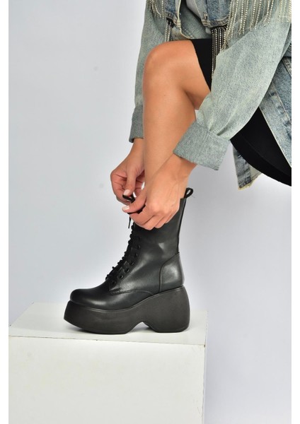 V965202109 Siyah Kalın Dolgu Tabanlı Kadın Bot