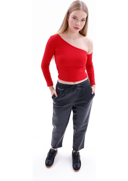 Class Kadın Lastikli Bel Deri Jogger Pantolon, Deri Kadın Pantolon, Deri Jogger