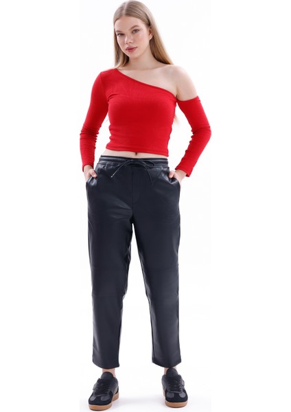 Class Kadın Lastikli Bel Deri Jogger Pantolon, Deri Kadın Pantolon, Deri Jogger modelleri