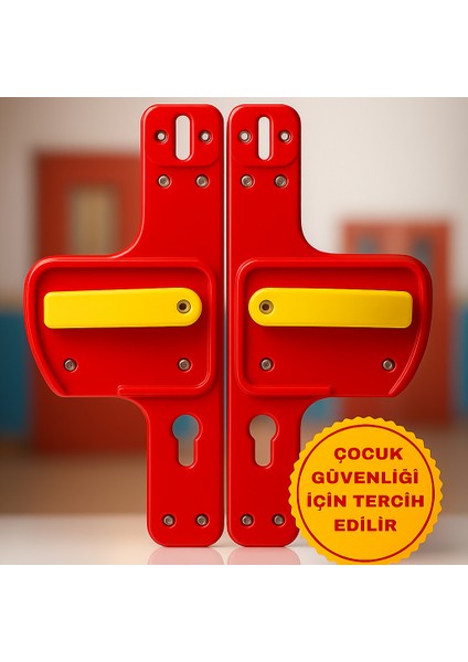 Bariyerli Kapı Kolu | Kırmızı-Sarı Renkli | Çocuk Güvenlikli | Okul ve Eğitim Alanlarına Uygun