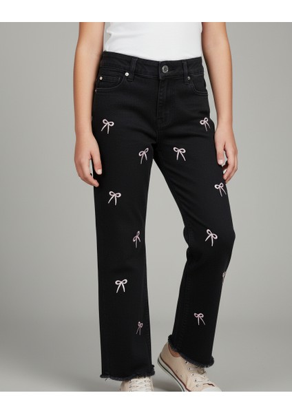 Kız Çocuk Fiyonk Işlemeli Kot Pantolon