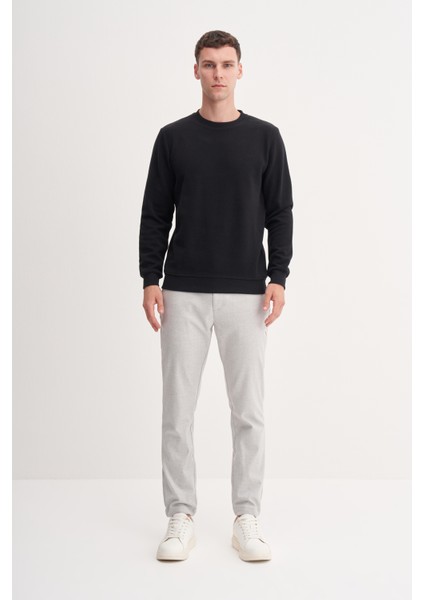 Siyah Erkek Slim Fit Pamuk Karışımlı Selanik Örgü Sweatshirt