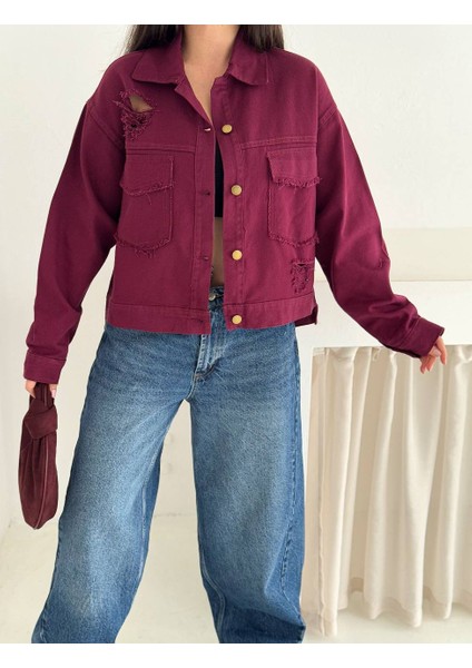 Yırtıklı Püskül Detaylı Gabardin Ceket