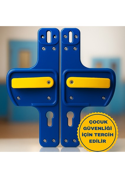 Bariyerli Kapı Kolu | Sarı-Lacivert Renkli | Çocuk Güvenlikli | Okul ve Eğitim Alanlarına Uygun