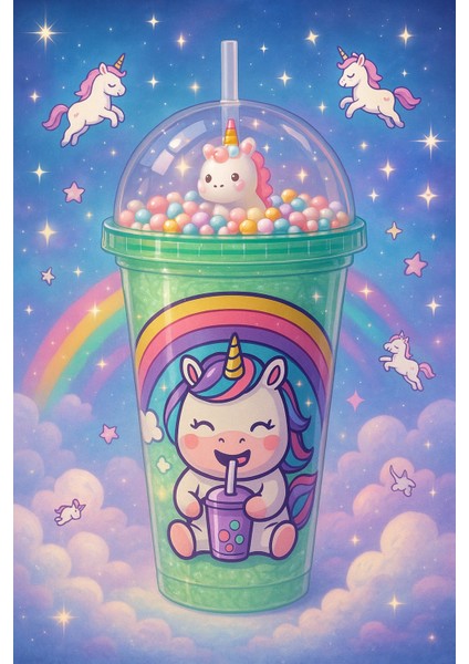 Unicorn Temalı Suluk Pipetli Buzlu Cam Görünümlü 450 ml Çift Katman Mika Su Şişesi 2646 Yeşil