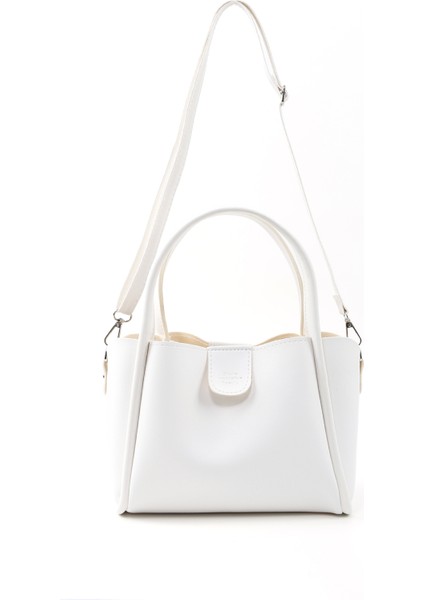 Beyaz SHK190 Suni Deri Çıkarılabilir Makyaj Çantalı Çıtçıtlı El, Kol ve Omuz Çantası