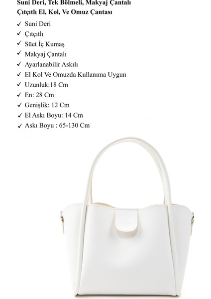 Beyaz SHK190 Suni Deri Çıkarılabilir Makyaj Çantalı Çıtçıtlı El, Kol ve Omuz Çantası modelleri