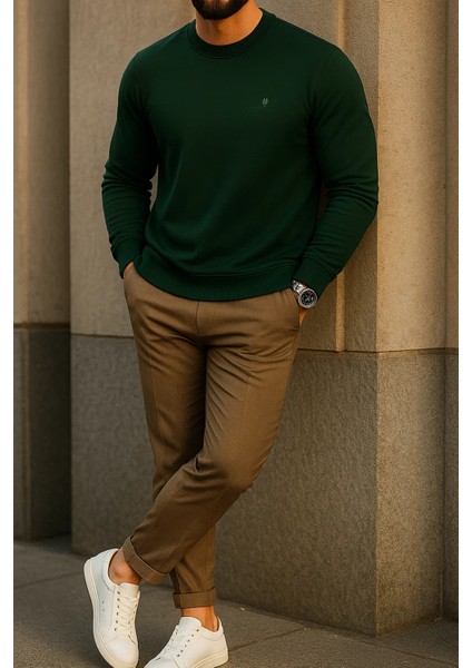 Erkek Comfort Fit Günlük Nakışlı Yeşil Sweatshirt