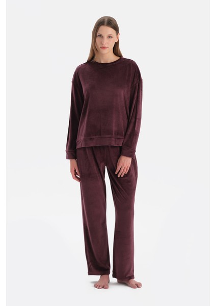 Bordo Bisiklet Yaka Uzun Kollu Kadife Tişört Pantolon Pijama Takımı