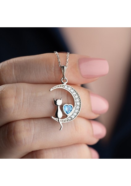 925 Ayar Gümüş Mavi Kalpli Ay ve Kedi Kolye