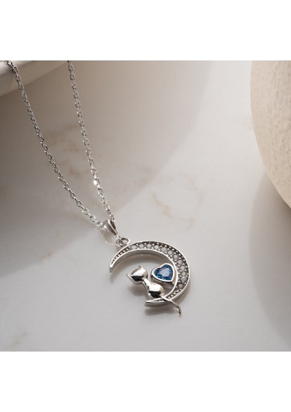 925 Ayar Gümüş Mavi Kalpli Ay ve Kedi Kolye fiyatları
