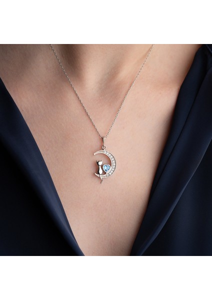 925 Ayar Gümüş Mavi Kalpli Ay ve Kedi Kolye modelleri