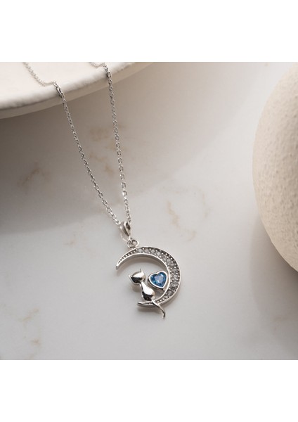 925 Ayar Gümüş Mavi Kalpli Ay ve Kedi Kolye fırsatları