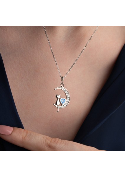 925 Ayar Gümüş Mavi Kalpli Ay ve Kedi Kolye indirimleri