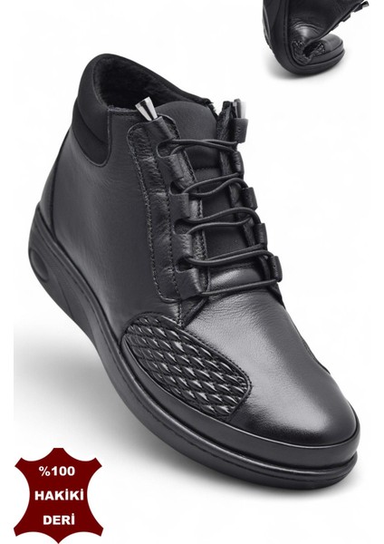 1454 Tam Ortopedik Siyah Hakiki Deri Kadın Bot Lastikli Fermuarlı Anne Kışlık Deri Bot