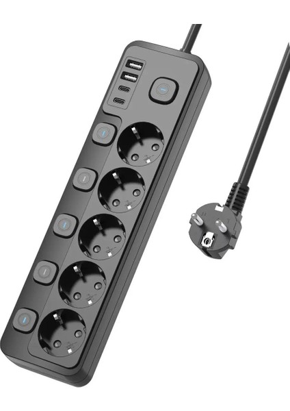 2 mt Kablolu Power Tuşlu Isıya Dayanaklı 5'li Grup Priz Uzatma 2x USB 2x Type-C Çıkışlı Priz Uzatma