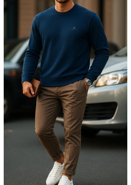 Erkek Comfort Fit Günlük Nakışlı Lacivert Sweatshirt