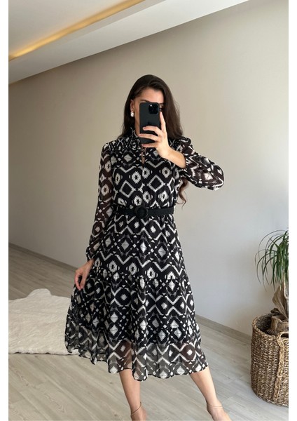 Kadın Yaka Lastikli Geometrik Desen Midi Şifon Elbise NM021 modelleri