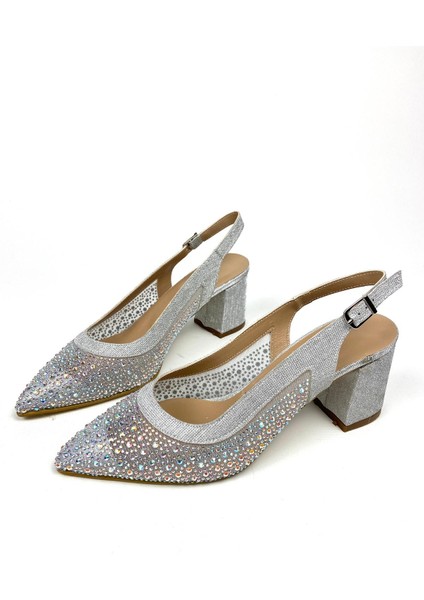 Transparan Taşlı 6 cm Kalın Topuklu Ayakkabı 01601
