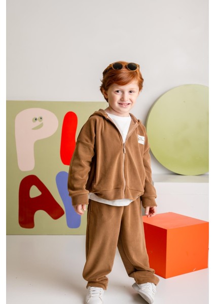 Erkek Çocuk Kapşonlu Fermuarlı Polar Ikili Takım - Kahverengi