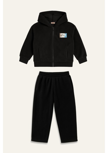 Erkek Çocuk Kapşonlu Fermuarlı Polar Ikili Takım - Siyah