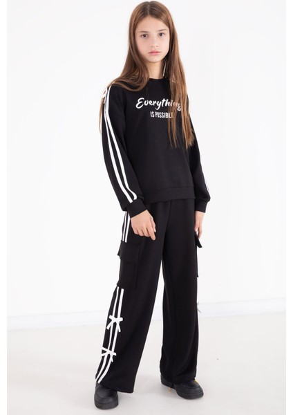 Siyah Yazı Baskılı Şeritli Kız Çocuk Alt Üst Takım 22770