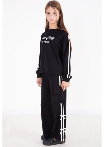 Siyah Yazı Baskılı Şeritli Kız Çocuk Alt Üst Takım 22770 modelleri