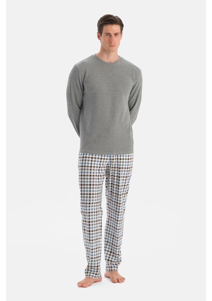 Gri Melanj Dikiş Detaylı Waffle Tişört Pantolon Pijama Takımı
