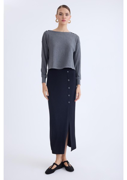 Önü Düğmeli Midi Boy Fitilli Etek